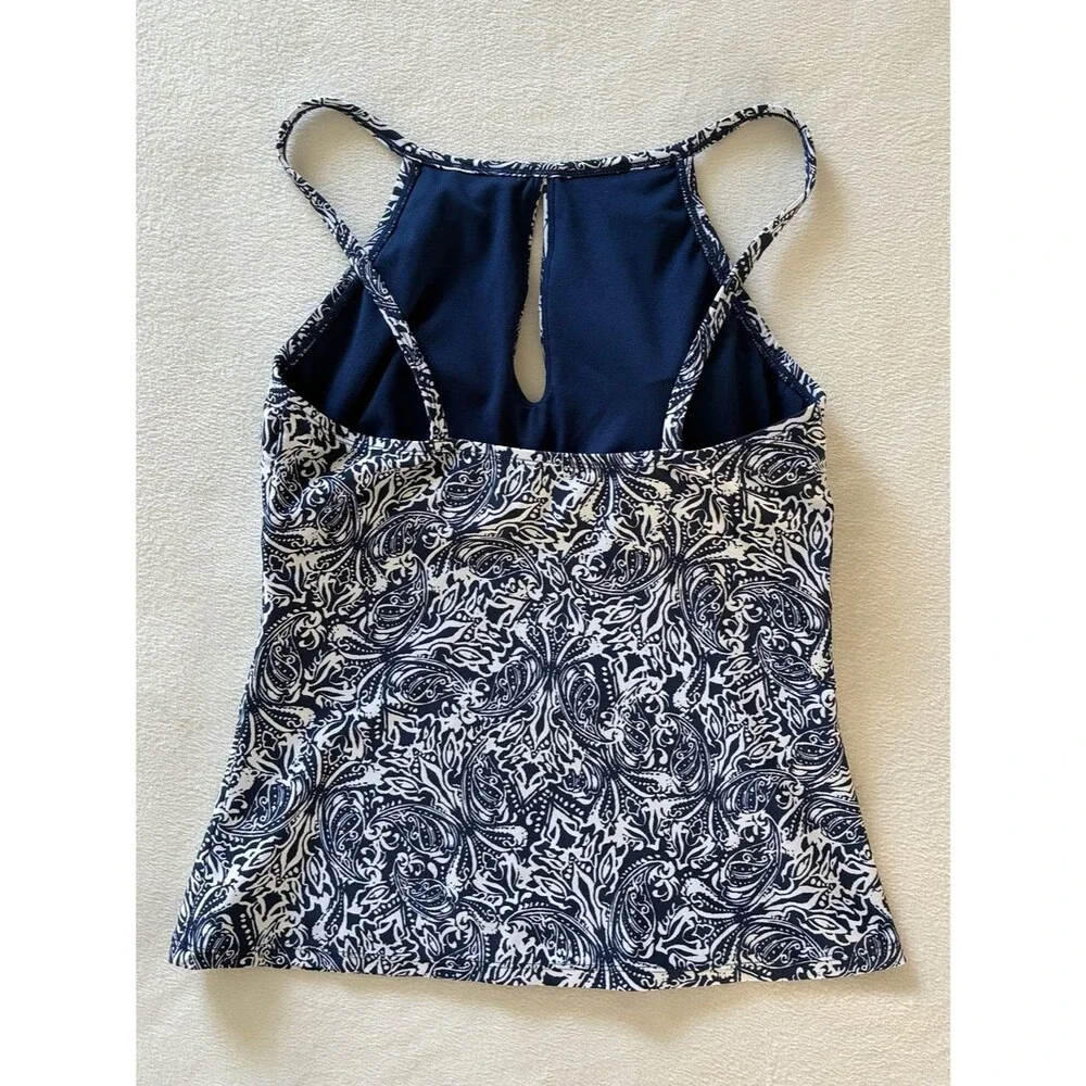 Ellen Tracy Tankini Top 10 Navy White Paisley Keyhole Swimwear Beach Resort Wear
